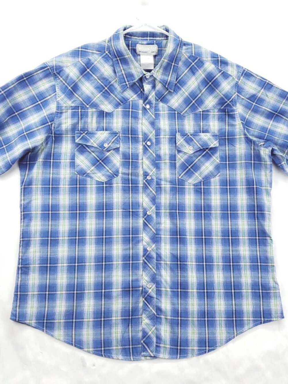 Wrangler Wrancher Shirt Mens XL Green Blue Western Pearl Snap Plaid Cotton